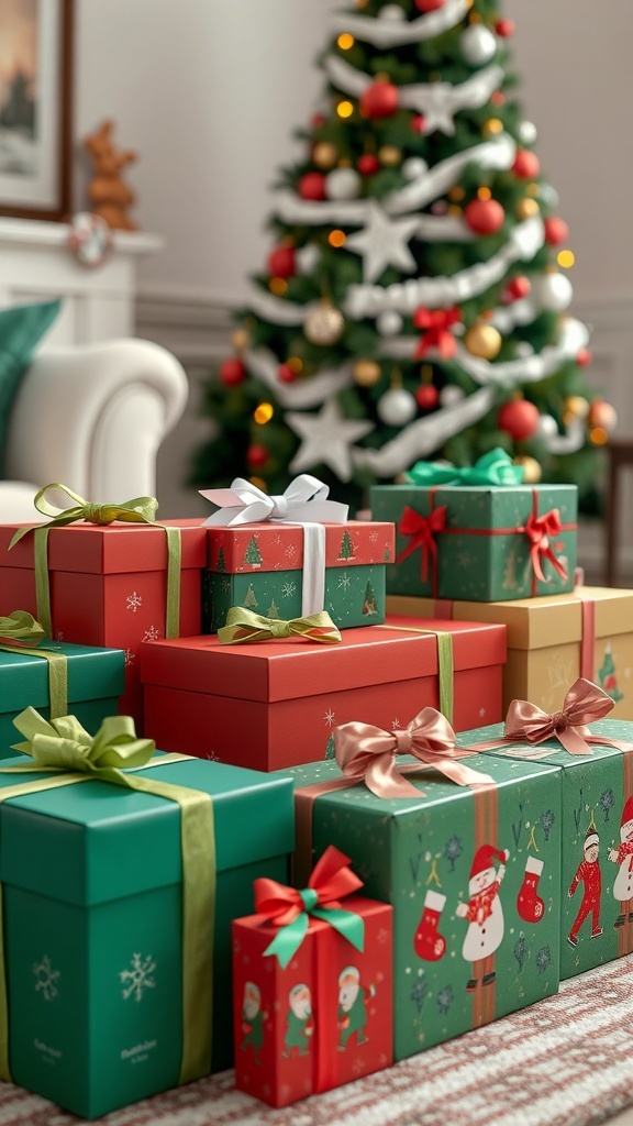 Decorated Christmas boxes in red and green with ribbons, set in a cozy living room with a Christmas tree.